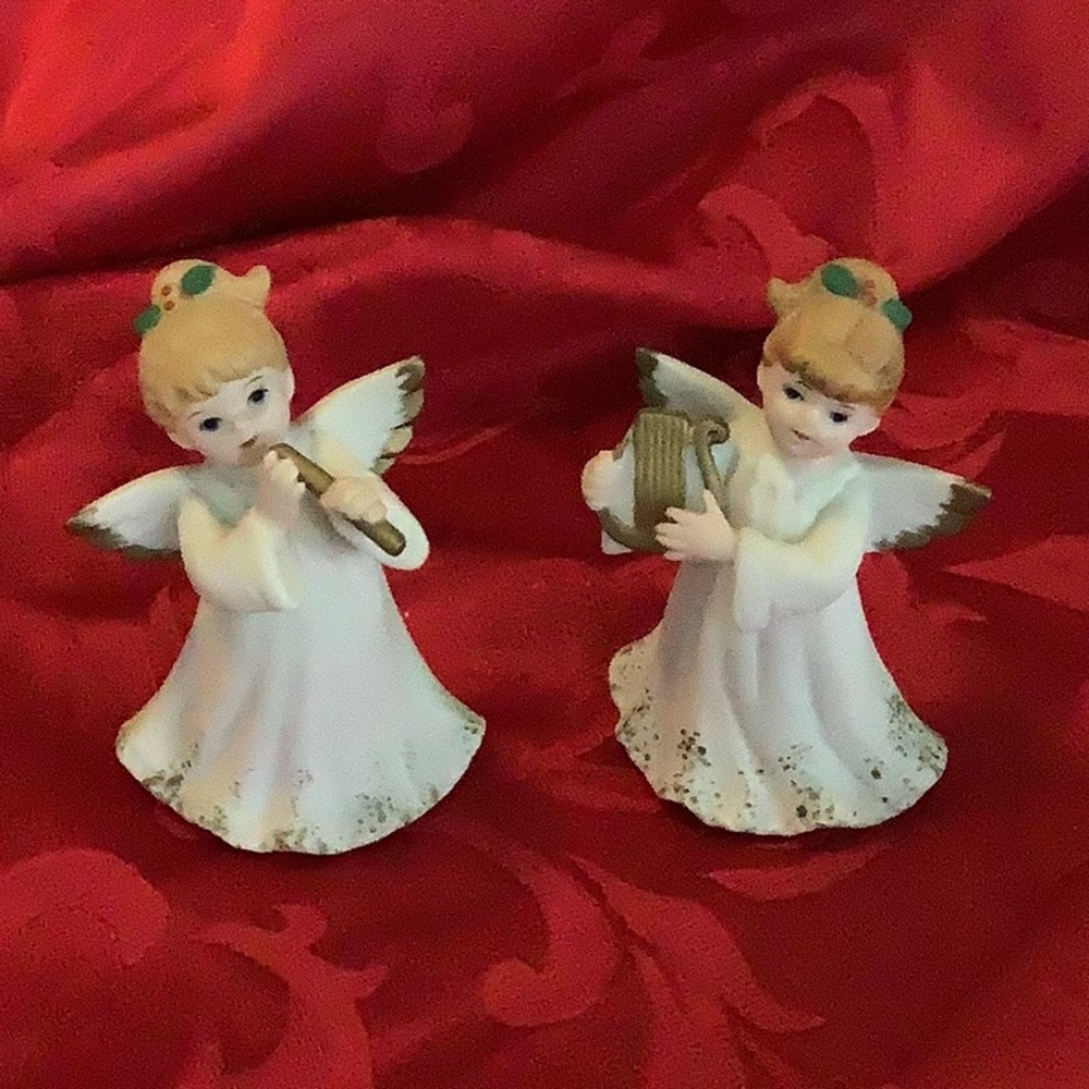 1987 Lefton Christmas Angels - one with flute and one with harp.
